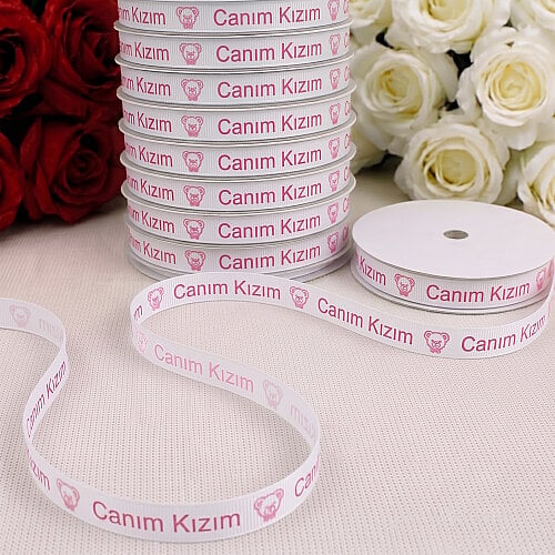 1 cm Canım Kızım Ayıcık Baskılı Grogren Kurdele Beyaz 10 Metre - Toptanalim