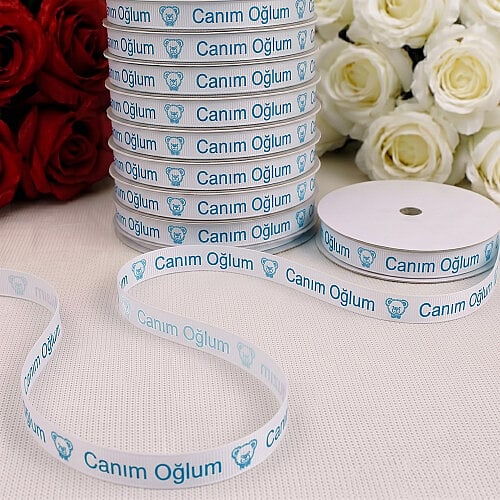 1 cm Canım Oğlum Ayıcık Baskılı Grogren Kurdele Beyaz 10 Metre - Toptanalim