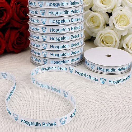 1 cm Hoşgeldin Bebek Ayıcık Baskılı Grogren Kurdele Beyaz 10 Metre - Toptanalim