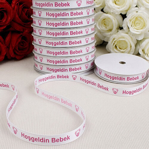 1 cm Hoşgeldin Bebek Ayıcık Baskılı Grogren Kurdele Beyaz 10 Metre - Toptanalim
