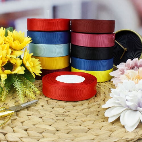 2,5 cm Grogren Bobin Kurdele Kırmızı 25 Metre - Kare Dekor (1)