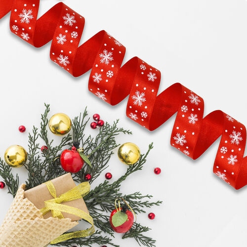 2 Cm Yılbaşı Hediye Desen Saten Kurdele Kırmızı - 1