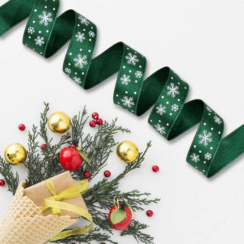 2 Cm Yılbaşı Hediye Desen Saten Kurdele Yeşil - 1