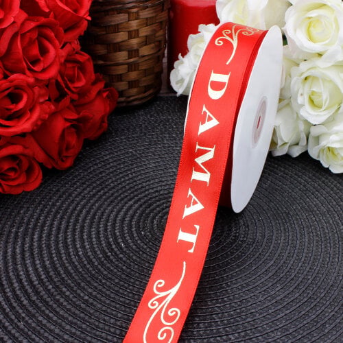  2,5 cm Saten Damat Baskılı Kurdele Kırmızı (50 metre) - Toptanalim