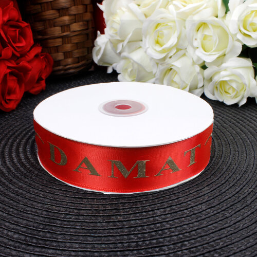  2,5 cm Saten Damat Baskılı Kurdele Kırmızı (50 metre) - Toptanalim (1)