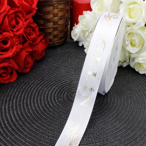 2,5 cm Saten Gelin Baskılı Kurdele Beyaz (50 metre) - Toptanalim