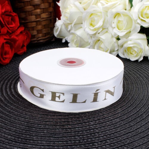 2,5 cm Saten Gelin Baskılı Kurdele Beyaz (50 metre) - Toptanalim (1)