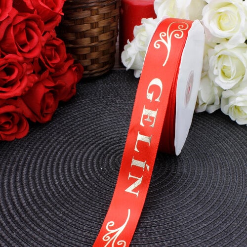 2,5 cm Saten Gelin Baskılı Kurdele Kırmızı (50 metre) - Toptanalim