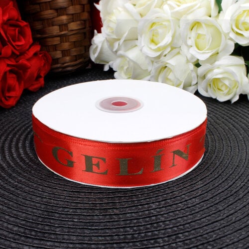 2,5 cm Saten Gelin Baskılı Kurdele Kırmızı (50 metre) - Toptanalim (1)