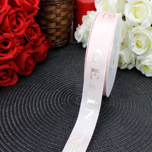 2,5 cm Saten Gelin Baskılı Kurdele Pembe (50 metre) - Toptanalim
