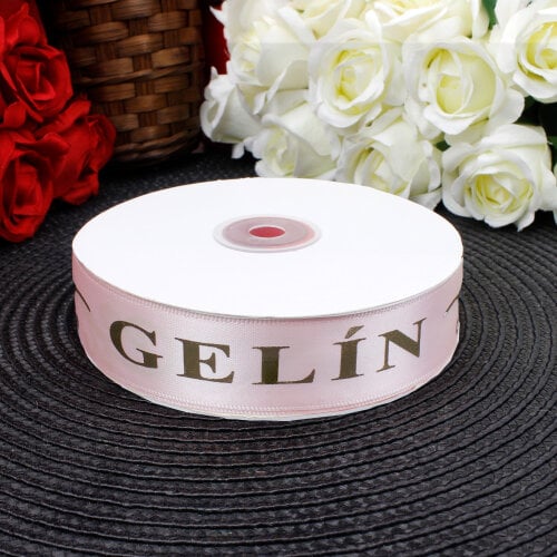 2,5 cm Saten Gelin Baskılı Kurdele Pembe (50 metre) - Toptanalim (1)