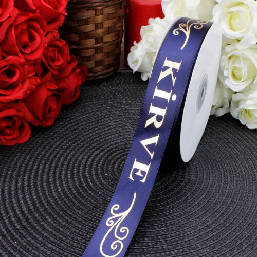 2,5 cm Saten Kirve Baskılı Kurdele Lacivert (50 metre) - Toptanalim