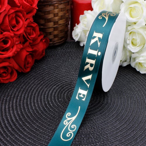 2,5 cm Saten Kirve Baskılı Kurdele Petrol Yeşili (50 metre) - Toptanalim