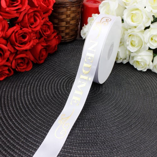 2,5 cm Saten Nedime Baskılı Kurdele Beyaz (50 metre) - Toptanalim