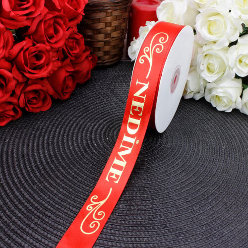 2,5 cm Saten Nedime Baskılı Kurdele Kırmızı (50 metre) - Toptanalim