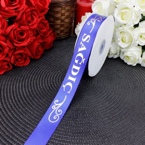 2,5 cm Saten Sağdıç Baskılı Kurdele Mavi (50 metre) - Toptanalim