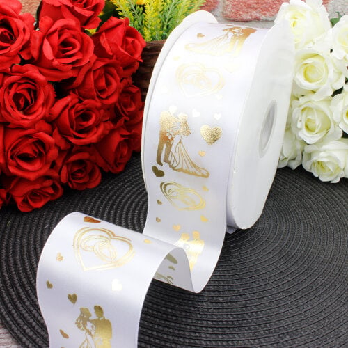 6 cm Saten Gelin Damat Baskılı Kurdele Beyaz (92 metre) - Toptanalim