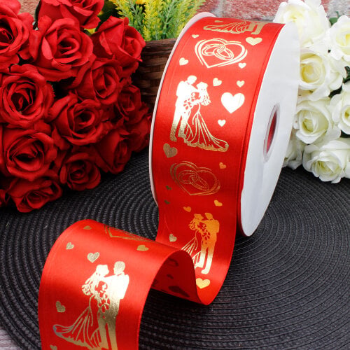 6 cm Saten Gelin Damat Baskılı Kurdele Kırmızı (92 metre) - Toptanalim