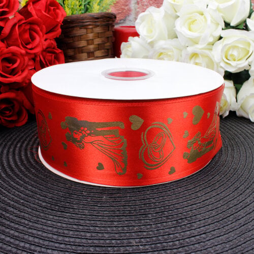 6 cm Saten Gelin Damat Baskılı Kurdele Kırmızı (92 metre) - Toptanalim (1)