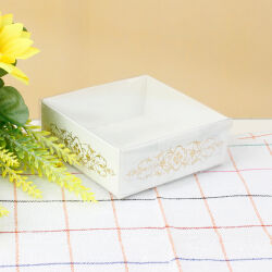 Desenli Altı Beyaz Karton Üstü Asetat Kutu 8x8x3CM - 1