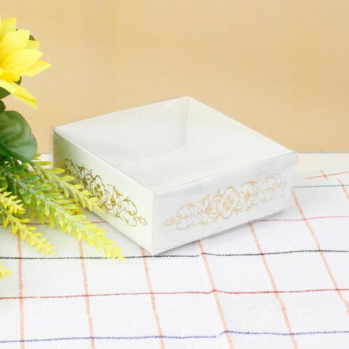 Desenli Altı Beyaz Karton Üstü Asetat Kutu 8x8x3CM - 1