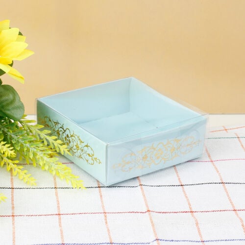 Desenli Altı Mavi Karton Üstü Asetat Kutu 8x8x3CM - 1