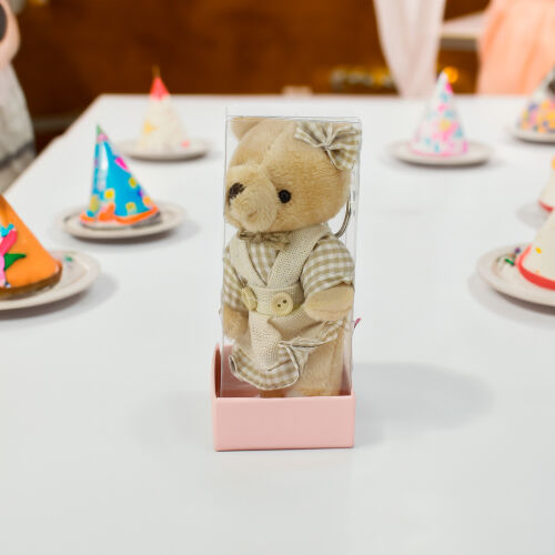 Asetat Kutuda Hediyelik Büyük Boy Kahve Ekose Elbiseli Peluş Ayıcık Anahtarlık Kız - 2