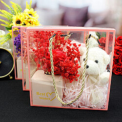 Asorti Best Wishes Peluş Ayıcıklı Gül Buketi Kutulu Aranjman - 1