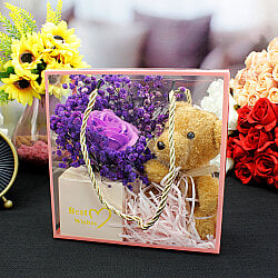 Asorti Best Wishes Peluş Ayıcıklı Gül Buketi Kutulu Aranjman - 3