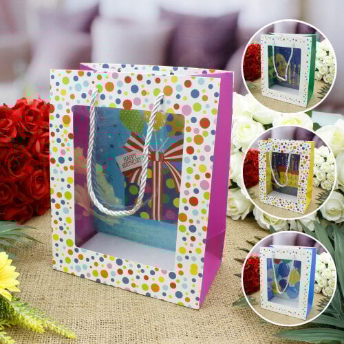 Asorti Happy Birthday Pencereli Hediyelik Karton Çanta 12'Li Paket - 1