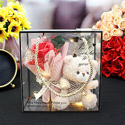 Asorti Işıklı Just For You Peluş Ayıcıklı Gül Buketi Saplı Asetat Kutulu Aranjman - 2