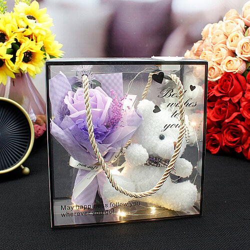 Asorti Işıklı Just For You Peluş Ayıcıklı Gül Buketi Saplı Asetat Kutulu Aranjman - 4