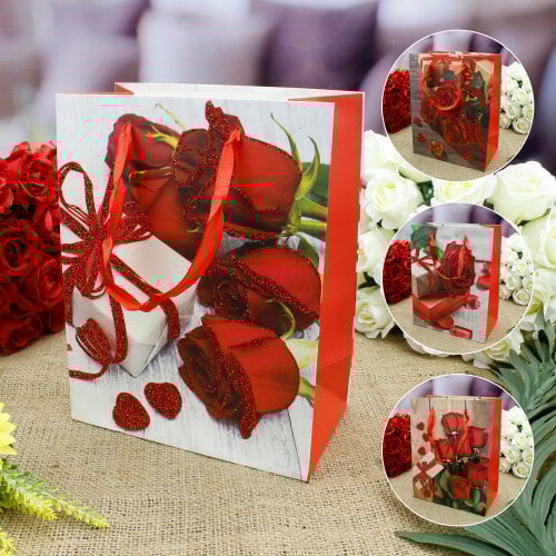 Asorti Kırmızı Gül Desen Hediyelik Karton Çanta 12'Li Paket - 1