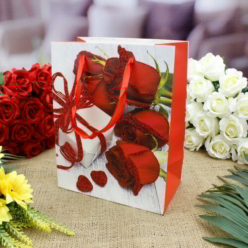 Asorti Kırmızı Gül Desen Hediyelik Karton Çanta 12'Li Paket - 2