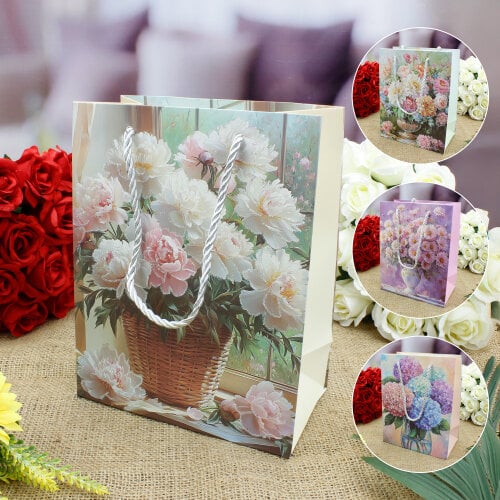 Asorti Parlak Çiçek Desen Hediyelik Karton Çanta 12'Li Paket - 1