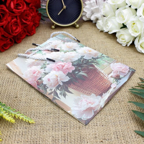 Asorti Parlak Çiçek Desen Hediyelik Karton Çanta 12'Li Paket - 6