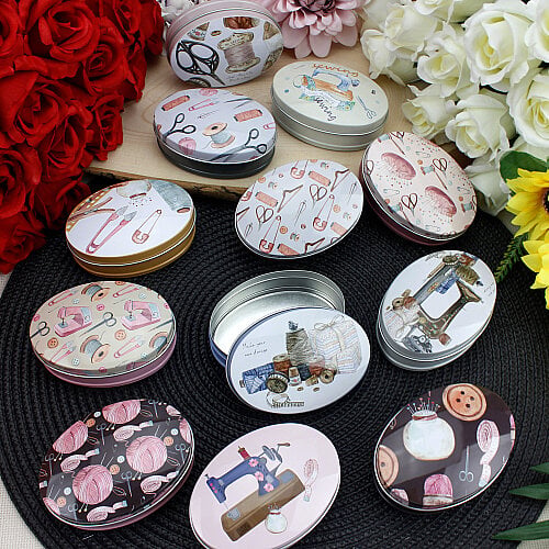 Asorti Tasarım Oval Metal Dikiş Kutusu 6x9x3 cm - Toptanalim