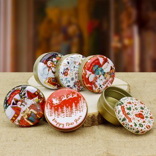Asorti Yılbaşı Desen 100CC Yuvarlak Dekoratif Mum Teneke Kutu 7X3CM - 1