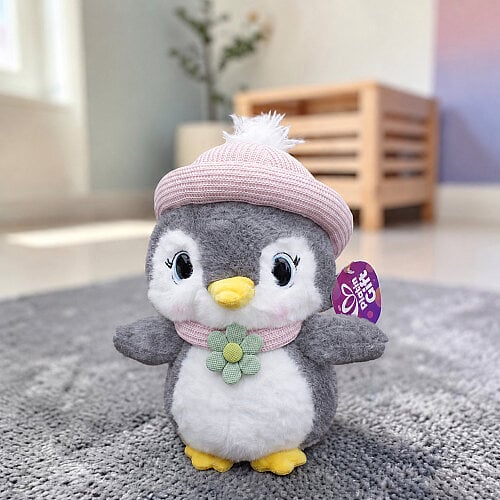 Bereli ve Atkılı Sevimli Peluş Penguen Gri 27 cm - Toptanalim