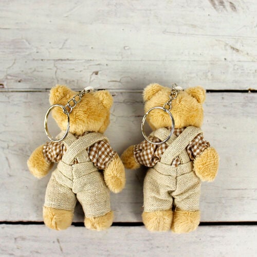 Bordo Ekose Elbiseli Peluş Ayıcık Anahtarlık Erkek 12'li Paket - 2
