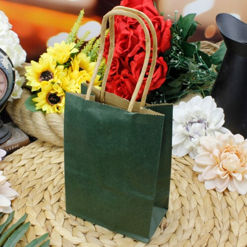 Büküm Saplı Koyu Yeşil Kağıt Çanta 12'li Paket - Kare Dekor