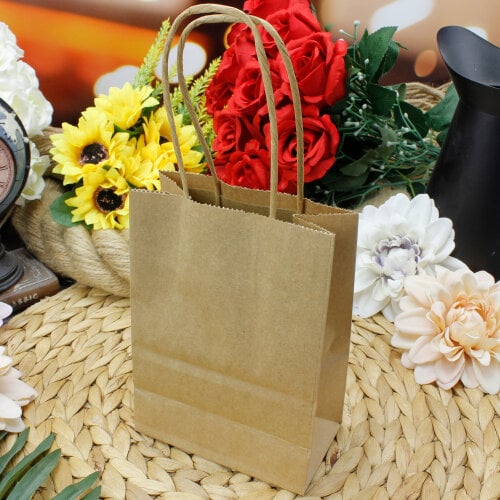 Büküm Saplı Kraft Kağıt Çanta 12'li Paket - Kare Dekor