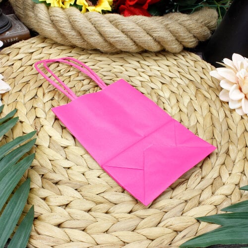 Büküm Saplı Pembe Kağıt Çanta 12'li Paket - Kare Dekor (1)