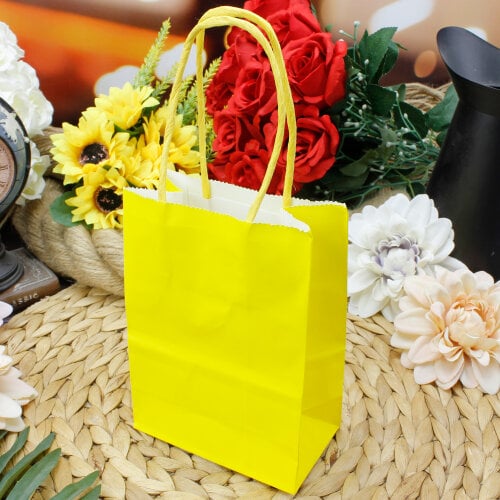 Büküm Saplı Sarı Kağıt Çanta 12'li Paket - Kare Dekor