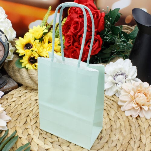 Büküm Saplı Su Yeşili Kağıt Çanta 12'li Paket - Kare Dekor