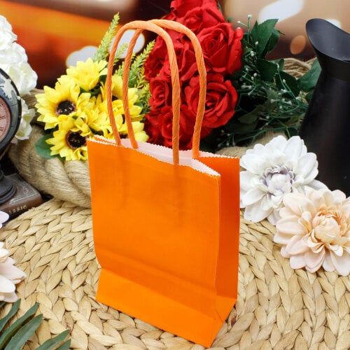 Büküm Saplı Turuncu Kağıt Çanta 12'li Paket - Kare Dekor