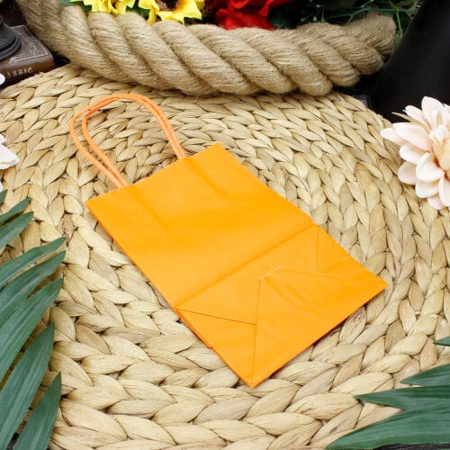 Büküm Saplı Turuncu Kağıt Çanta 12'li Paket - Kare Dekor (1)