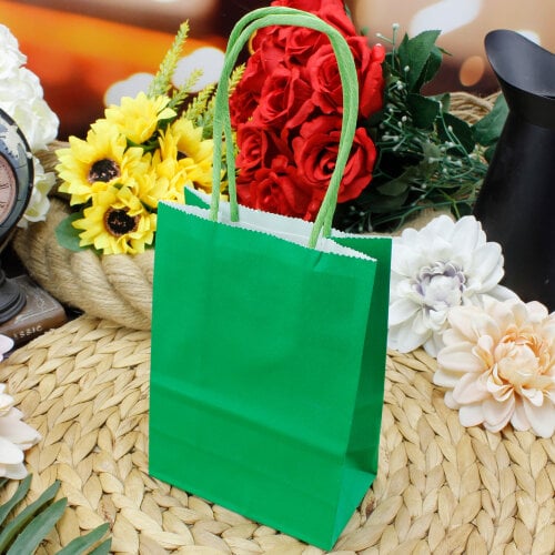 Büküm Saplı Yeşil Kağıt Çanta 12'li Paket - Kare Dekor