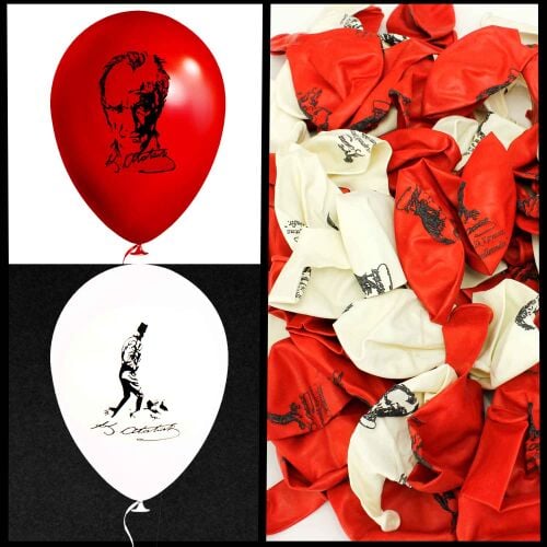Büyük Boy 12 İnch Atatürk Baskılı Balon Kırmızı Beyaz Renk - 1