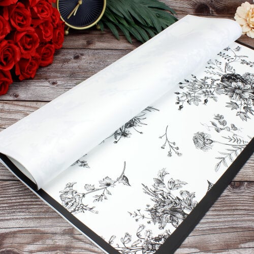 Çiçek Buket Ambalaj Kağıdı Beyaz Siyah Çiçek Desenli 20'li Paket - 1